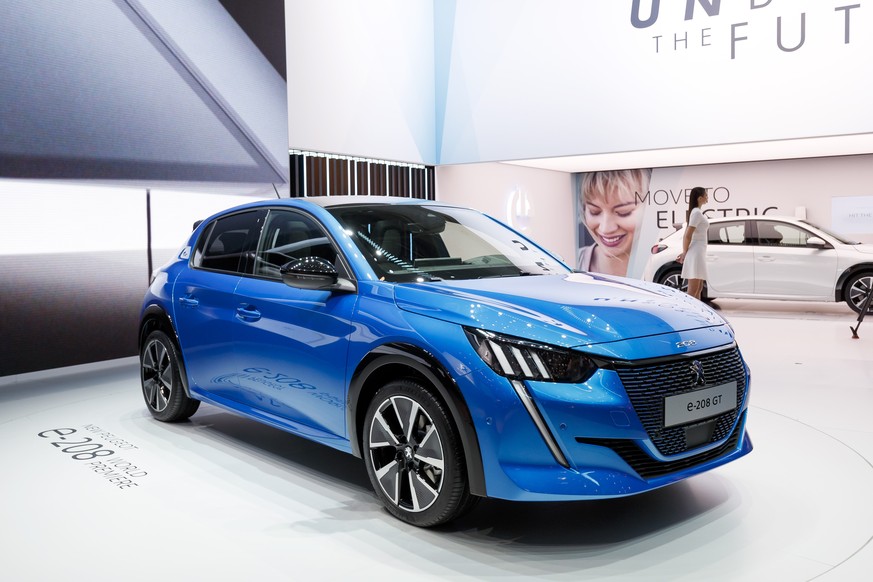 The New Peugeot 208 e is presented during the press day at the 89th Geneva International Motor Show in Geneva, Switzerland, Tuesday, March 5, 2019. The Motor Show will open its gates to the public fro ...