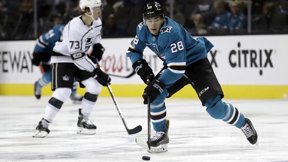 San Jose Sharks&#039; Timo Meier, right, controls the puck against the Los Angeles Kings during the second period of an NHL hockey game Saturday, Oct. 7, 2017, in San Jose , Calif. (AP Photo/Marcio Jo ...