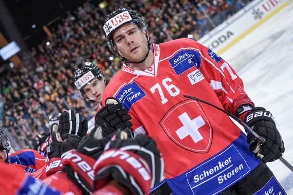 Team Suisse player Joel Genazzi celebrates during the game between Team Suisse and Haemeenlinna PK at the 91th Spengler Cup ice hockey tournament in Davos, Switzerland, Thursday, December 28, 2017. (K ...