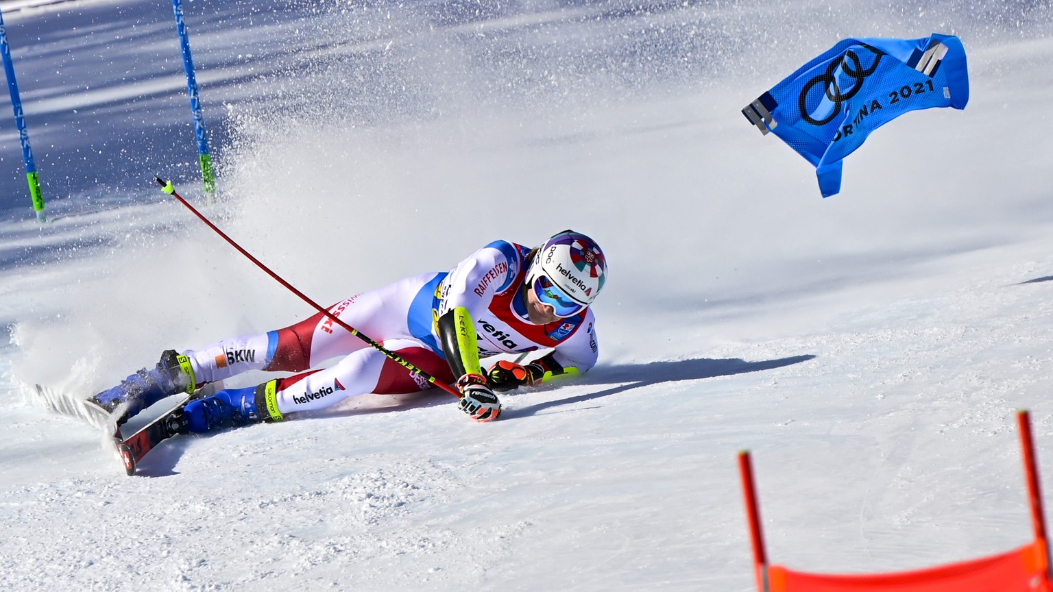 Switzerland&#039;s Marco Odermatt is eliminated during the first run of the men&#039;s Giant Slalom race at the 2021 FIS Alpine Skiing World Championships in Cortina d&#039;Ampezzo, Italy, on Friday,  ...
