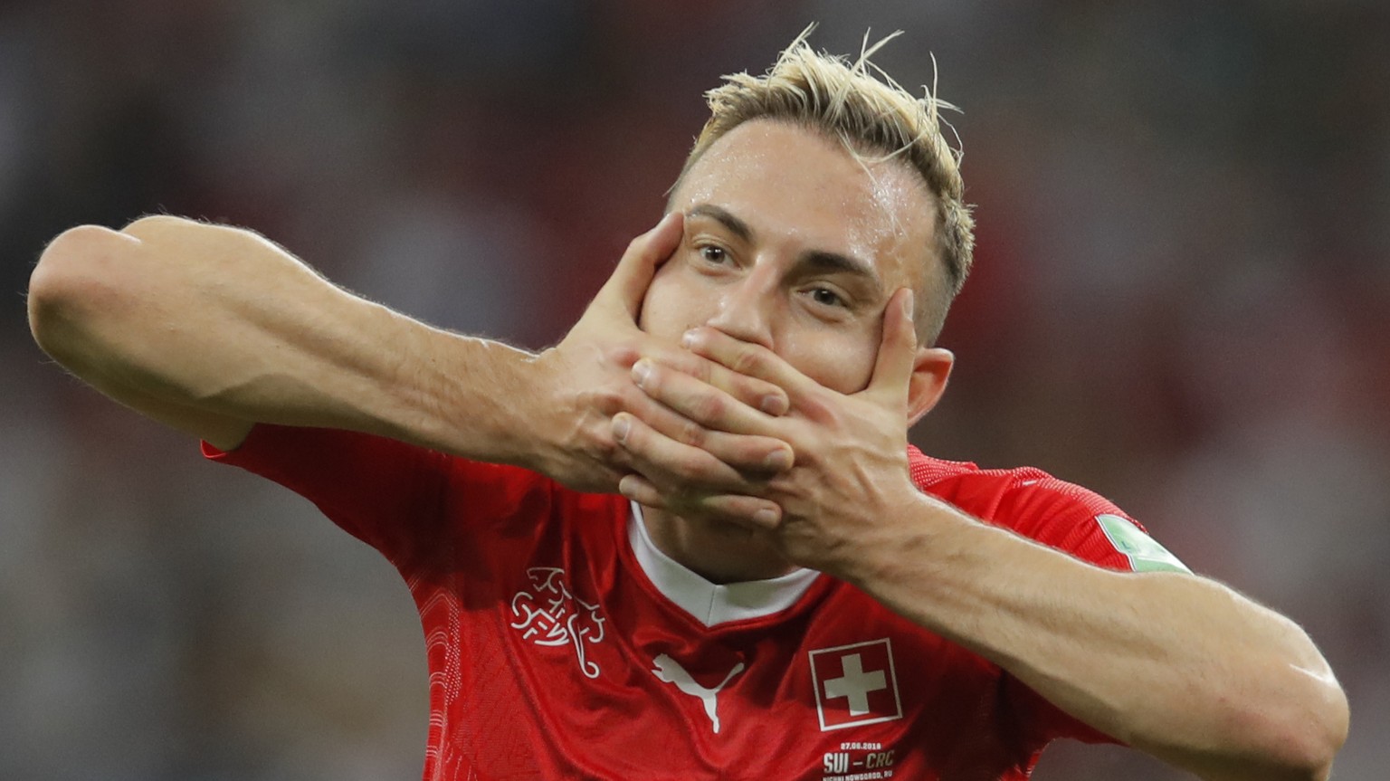 Switzerland&#039;s Josip Drmic celebrates after scoring his side&#039;s second goal during the group E match between Switzerland and Costa Rica at the 2018 soccer World Cup in the Nizhny Novgorod Stad ...