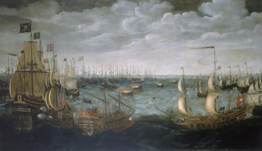 Englische Brander treiben auf die Spanische Armada bei Calais zu.