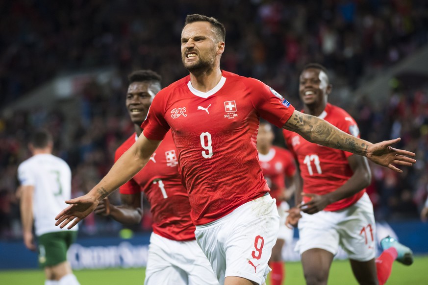 epa07923363 Switzerland&#039;s forward Haris Seferovic, celebrates after scoring the opening goal during the UEFA Euro 2020 qualifying Group D soccer match between Switzerland and the Republic of Irel ...
