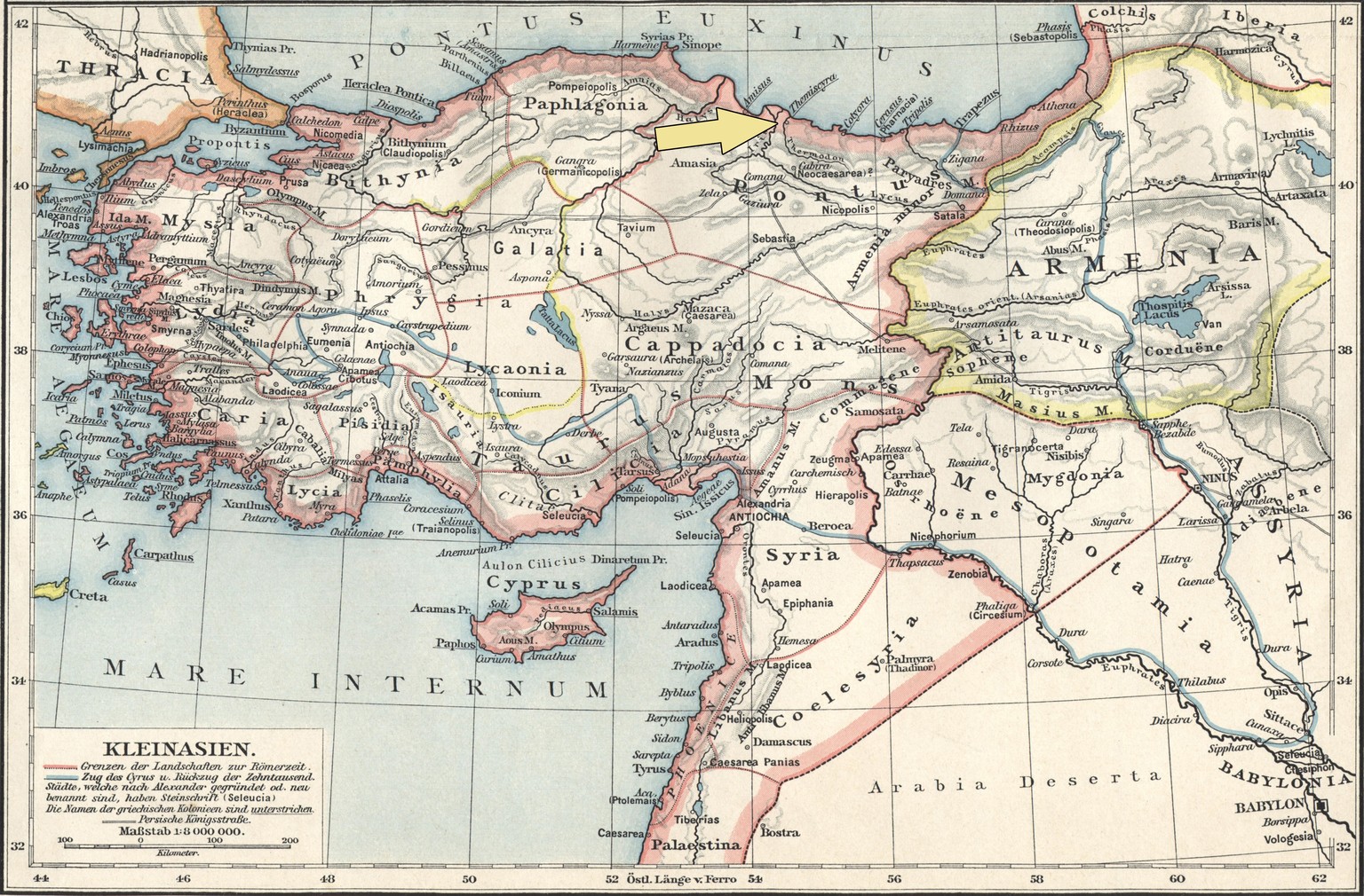 Karte von Kleinasien aus dem Putzger, 1901: Der gelbe Pfeil zeigt die Amazonen-Stadt Themiskyra. Es handelt sich also nicht wie im Film um eine Insel im Mittelmeer. Allerdings wurden von der Stadt noc ...