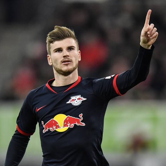 Leipzig&#039;s Timo Werner celebrates after scoring a penalty during the German Bundesliga soccer match between Fortuna Duesseldorf and RB Leipzig in Duesseldorf, Germany, Saturday, Dec. 14, 2019. (AP ...