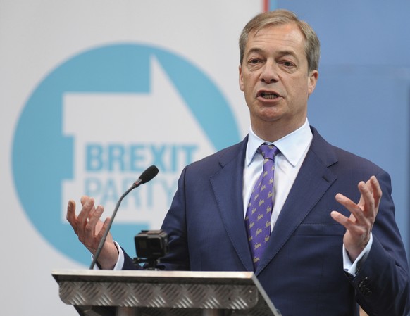 British MEP Nigel Farage speaks during the launch of the Brexit Party&#039;s European election campaign, Coventry, England, Friday, April 12, 2019. On Friday, Nigel Farage launched the campaign of his ...