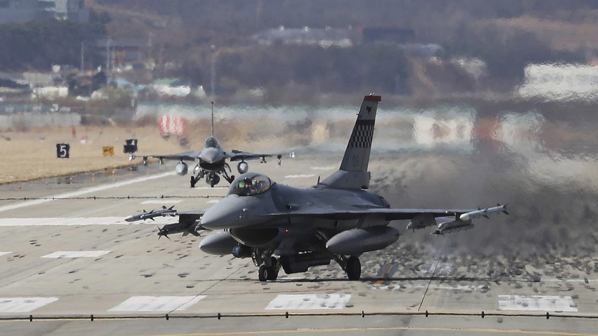 U.S. Air Force F-16 fighter jets land at the Osan U.S. Air Base in Pyeongtaek, South Korea, Tuesday, March 20, 2018. At a potentially pivotal moment of diplomacy with North Korea, the Pentagon said Mo ...