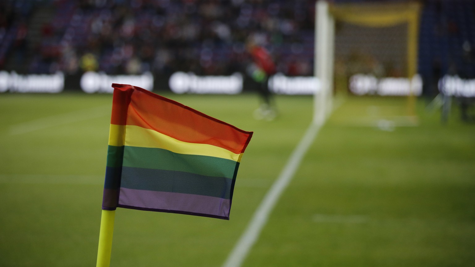 Rainbow flags hang from the corner post before the international friendly soccer match between Denmark and Germany at Brondby Stadion, Copenhagen, Tuesday, June 6, 2017. The Danish Football Associatio ...