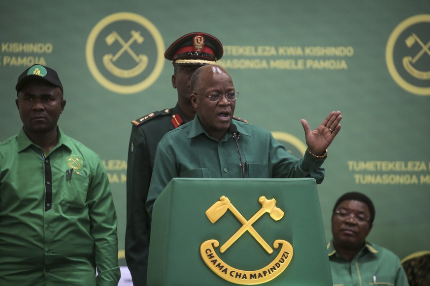 President John Magufuli speaks at the national congress of his ruling Chama cha Mapinduzi (CCM) party in Dodoma, Tanzania Saturday, July 11, 2020. Tanzania&#039;s ruling party on Saturday nominated Pr ...
