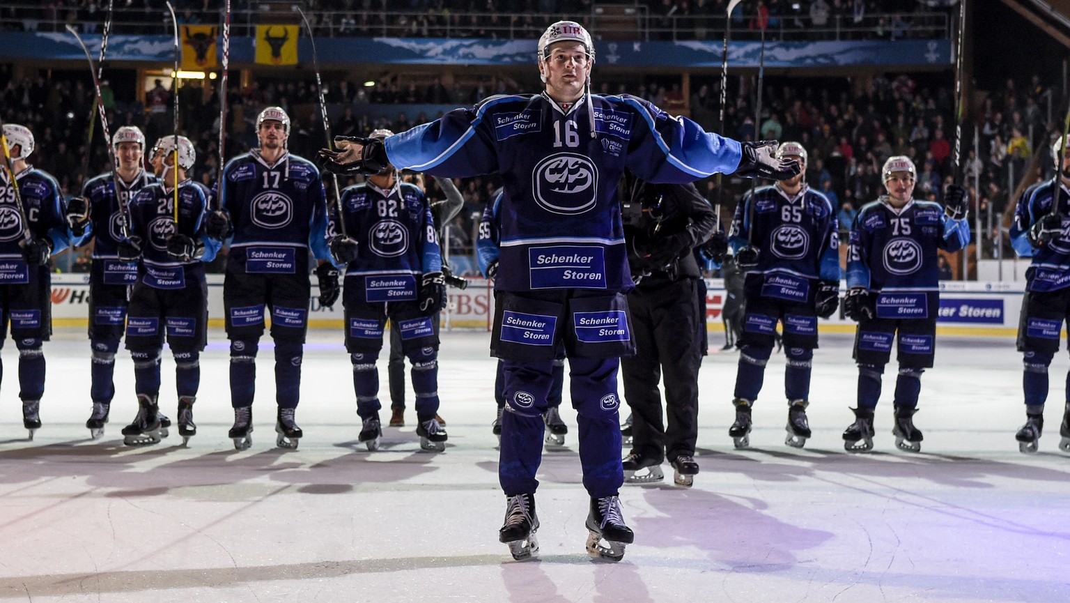 Ambri&#039;s Dominik Zwerger and the team after winning the game between HC Ambri-Piotta and TPS Turku, at the 93th Spengler Cup ice hockey tournament in Davos, Switzerland, Saturday, December 28, 201 ...
