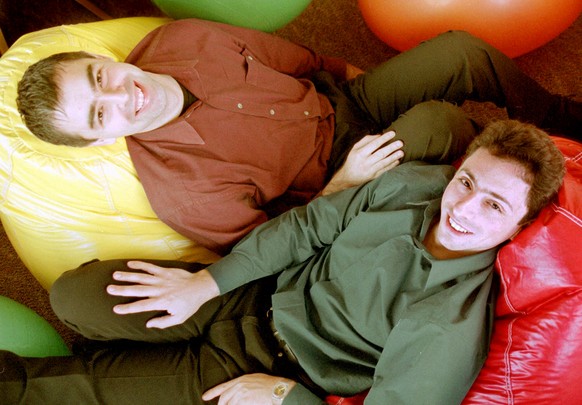 FILE- In this Nov. 11, 2000, file photo Google&#039;s co-founders, CEO Larry Page, left, and Chairman Sergey Brin, rest on bean bags at Google&#039;s headquarters in Mountain View, Calif. Twenty years ...