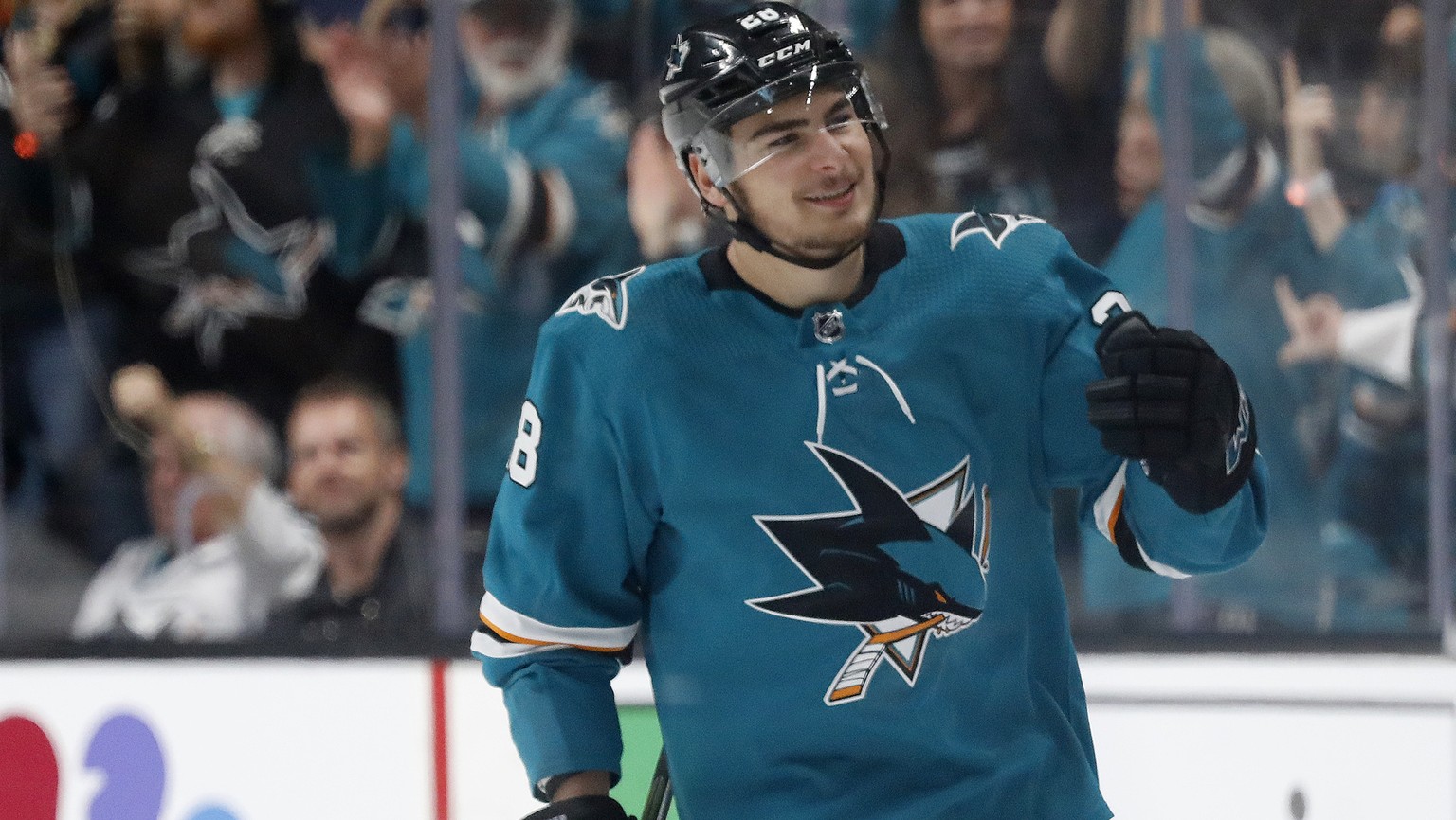 San Jose Sharks&#039; Timo Meier celebrates a goal against the St. Louis Blues in the second period in Game 1 of the NHL hockey Stanley Cup Western Conference finals in San Jose, Calif., Saturday, May ...