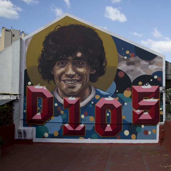 A mural decorates the terrace of soccer legend Diego Armando Maradona&#039;s home-turned-museum in Buenos Aires, Argentina, Thursday, Oct. 27, 2016. The home where Maradona lived as a teenager while p ...