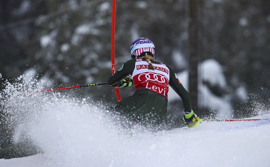United States&#039; Mikaela Shiffrin competes during an alpine ski, women&#039;s slalom in Levi, Finland, Saturday, Nov. 23, 2019. (AP Photo/Alessandro Trovati)