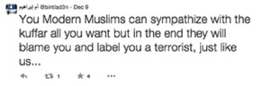 Ein Screenshot vom (gesperrten) Twitter-Account von @bintlad3n: «Ihr modernen Muslime könnt mit den Ungläubigen so viel sympathisieren wie ihr wollt, doch am Ende werden sie trotzdem euch die Schuld g ...