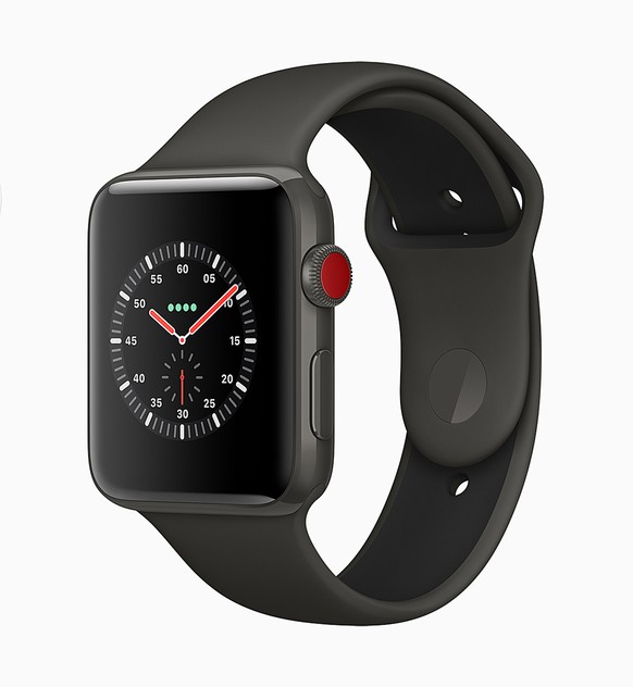 epa06200781 A handout photo made available by Apple Inc., shows the Apple Watch Series 3 as introduced at the new Steve Jobs Theater during the Apple Special Event at the new Apple Headquarters in Cup ...
