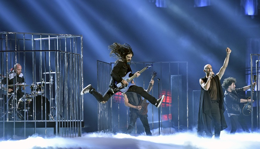 Rockband Minus One of Cyprus performs during the first dress rehearsal for the Eurovision Song Contest final in Stockholm, Sweden, Friday, May 13, 2016. (AP Photo/Martin Meissner)