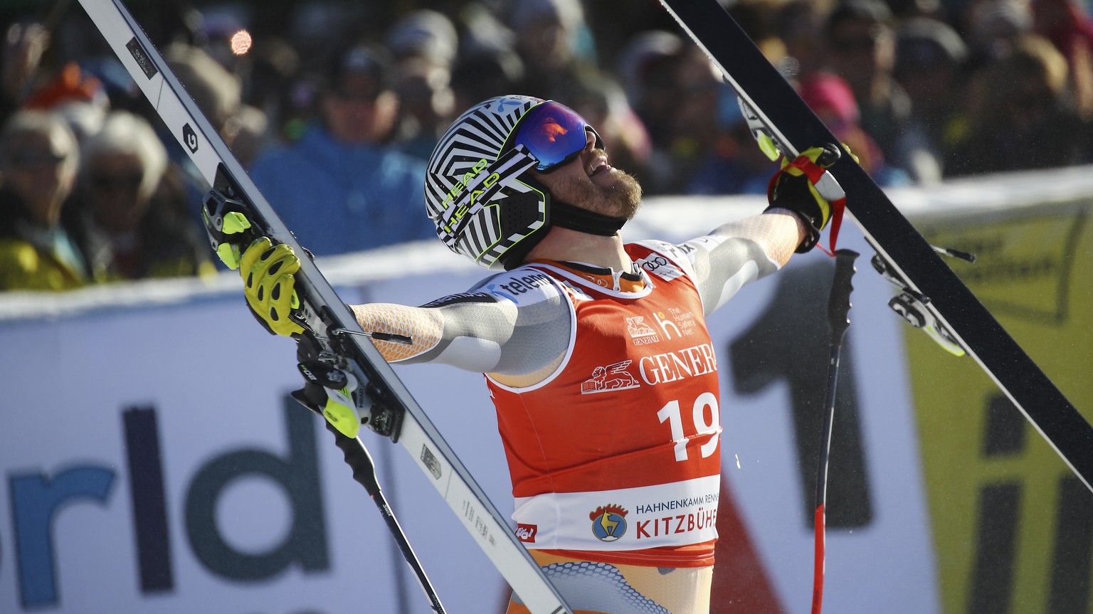 Norway&#039;s Kjetil Jansrud celebrates at the finish area during an alpine ski, men&#039;s World Cup super G, in Kitzbuehel, Austria, Friday, Jan. 24, 2020. (AP Photo/Marco Trovati)