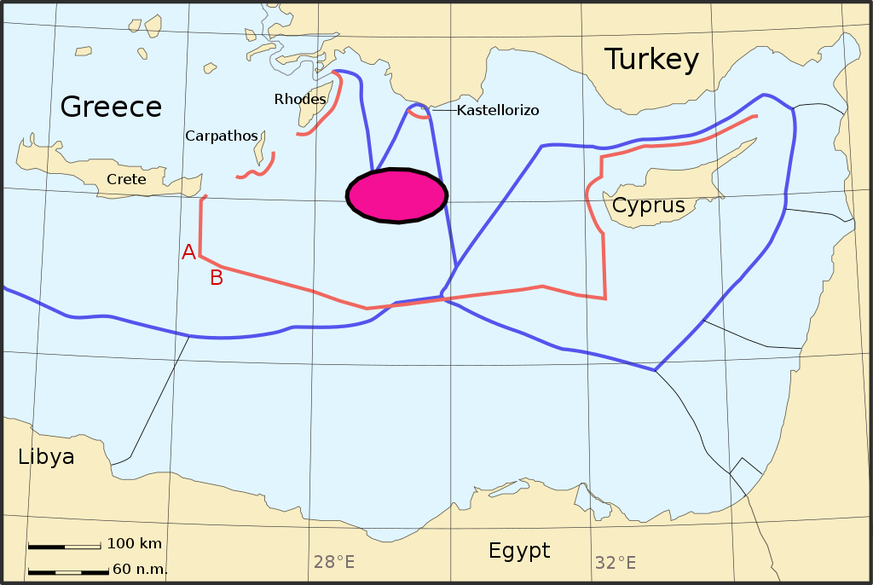 Blaue Linie: Von Griechenland und Zypern beanspruchte Gebiete. Rot: Von der Türkei beanspruchte Gebiete im östlichen Mittelmeer. Im markierten Bereich befinden sich die vermuteten Erdgasfelder.