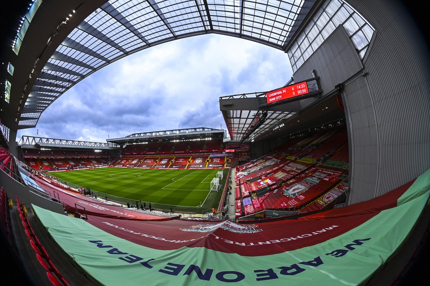 epa08994109 General view of the Anfield Road stadium prior to the English Premier League soccer match between Liverpool FC and Manchester City in Liverpool, Britain, 07 February 2021. EPA/Laurence Gri ...