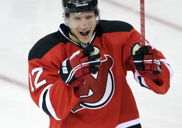New Jersey Devils&#039; Damien Brunner, of Switzerland, celebrates his goal during the third period of an NHL hockey game against the St. Louis Blues Tuesday, Jan. 21, 2014, in Newark, N.J. The Devils ...