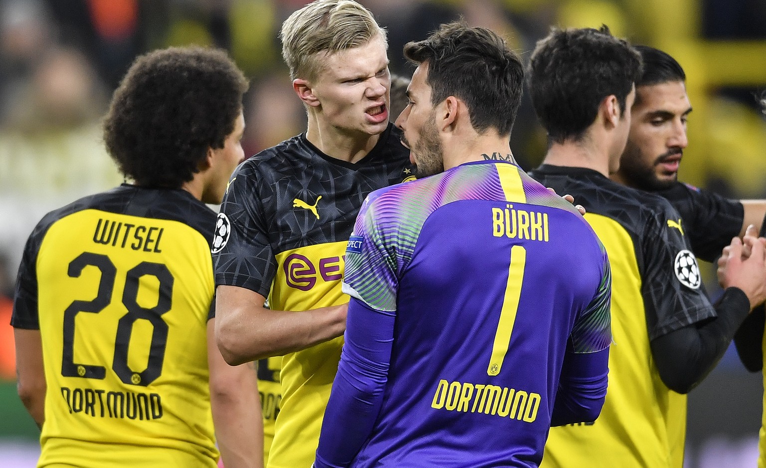 Dortmund&#039;s scorer Erling Braut Haaland shouts to Dortmund&#039;s goalkeeper Roman Buerki after winning the Champions League round of 16 first leg soccer match between Borussia Dortmund and Paris  ...