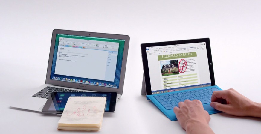 Das Surface (rechts) ersetzt MacBook, iPad und Notizblock, behauptet Microsoft.
