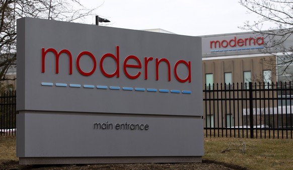 epa08247563 Signs at the main entrance for the biotech firm Moderna, are seen outside the company&#039;s Norwood facilities in Norwood, Massachusetts, USA 25 February 2020. Moderna has announced that  ...