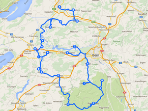 Die ungefähre Strecke der heutigen Etappe von Lyss nach Wohlen bei Bern.