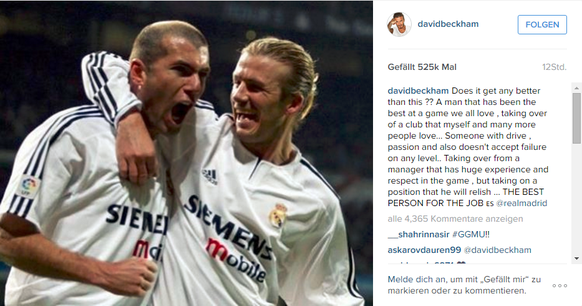 Die Reaktion von David Beckham auf die Beförderung von Zidane zum Real-Trainer: «Kann es besser werden? Ein Mann, welcher der beste war in einem Spiel, das wir alle lieben, übernimmt einen Klub, welch ...