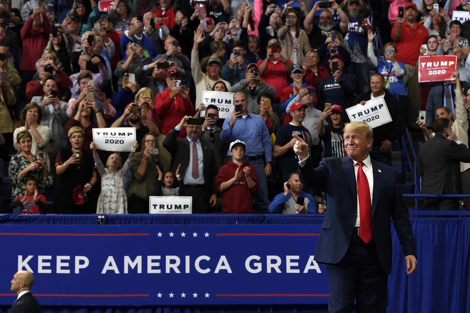 President Donald Trump arrives to speak at a campaign rally in, Lexington, Ky., Monday, Nov. 4, 2019. (AP Photo/Susan Walsh)
Donald Trump