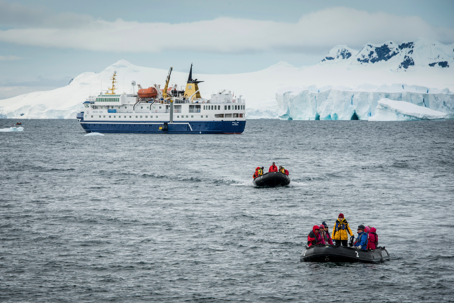 Antarktische Halbinsel - Sandra Walser (gelbe Weste) bringt mit einem Zodiac Gäste an Land