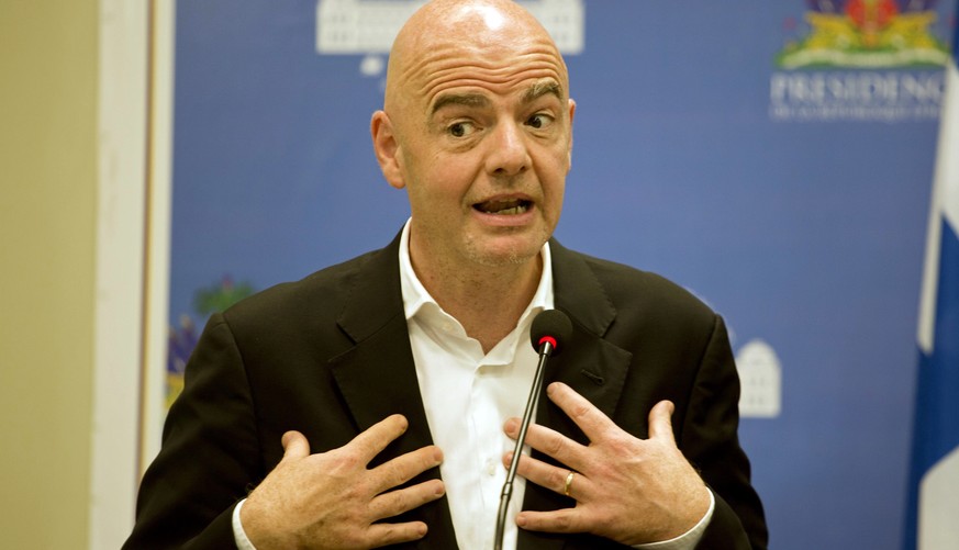 FIFA President Gianni Infantino gives a press conference at the National Palace in Port-au-Prince, Haiti, Saturday, April 29, 2017. Infantino is in Haiti for a one day visit, and will travel to Cuba i ...