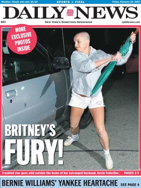 New York Daily News front page February 23, 2007 BRITNEY&#039;S FURY!
Britney Spears Attacks car with umbrella. (NY Daily News via Getty Images)