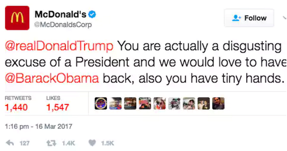 McDonald's attackiert Trump: Der Tweet wurde schnell gelöscht.