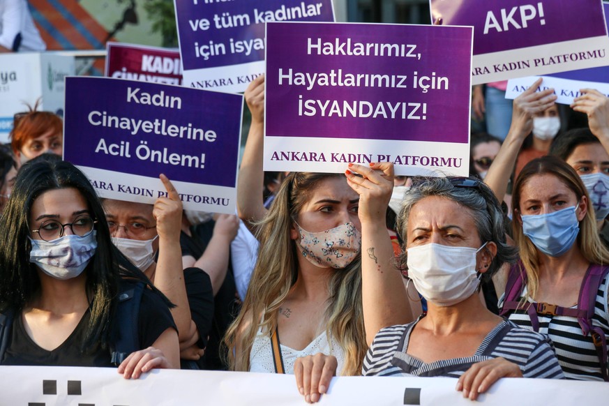 Women s Demonstration For The Istanbul Convention In Turkey Women wearing a face masks while holds placards seen during a demonstration organized by We Will Stop Femicide Platform in Ankara, Turkey on ...