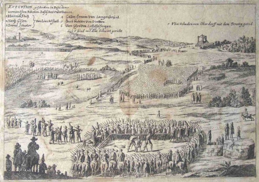 «Kopfabhaini» wurde einer der Basler Hinrichtungsplätze genannt. Heute steht da&nbsp;der Parkplatz des Zoologischen Gartens am Birsig. Im Bild: 1653, sechs Baselbieter Anführer des Bauernkriegs werden ...