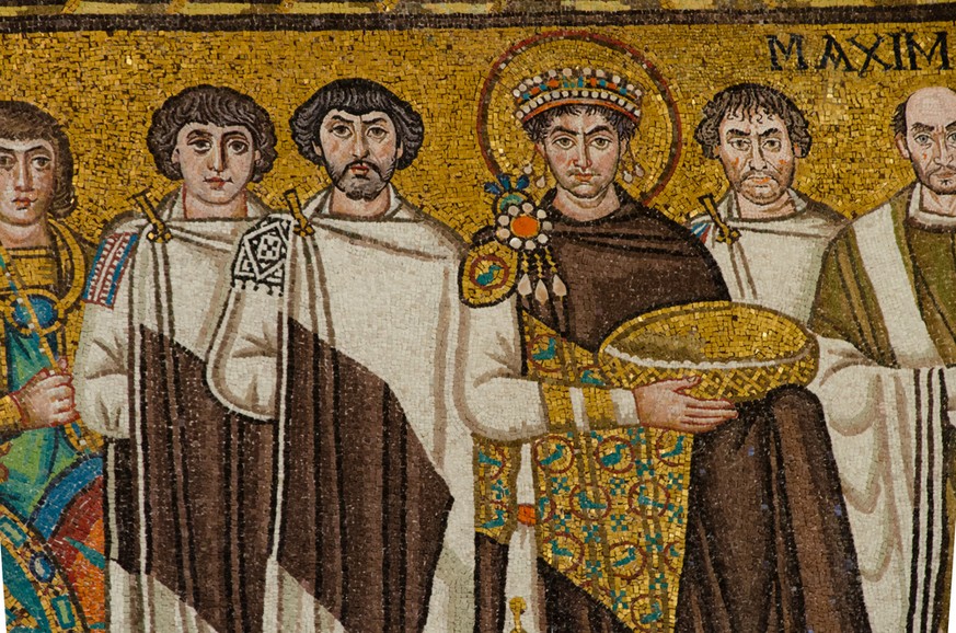 San Vitale, famous mosaic.Mosaic of the Emperor Justinian flanked by archbishop Maximian. 1500 years old Byzantine mosaics.