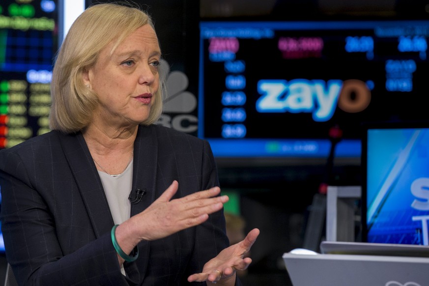 Meg Whitman, Chief Executive Officer of Hewlett-Packard gives an interview to CNBC on the floor of the New York Stock Exchange November 2, 2015. Shares of HP Inc., the legacy printer and PC business o ...