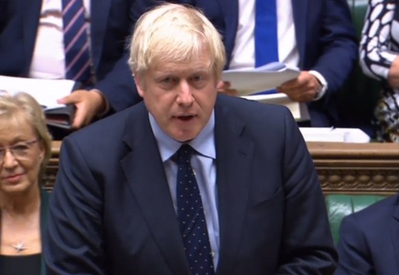 epa07814906 A grab from a handout video made available by the UK Parliamentary Recording Unit shows British Prime Minister Boris Johnson in the House of Commons in London, Britain, 03 September 2019.  ...