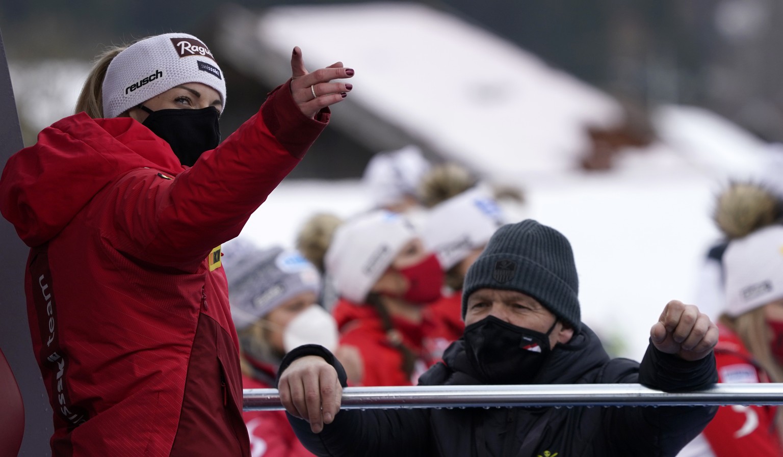 Switzerland&#039;s Lara Gut-Behrami looks at the board as she waits for the end of an alpine ski, women&#039;s World Cup super-G race in Garmisch-Partenkirchen, Germany, Monday, Feb. 1, 2021. (AP Phot ...
