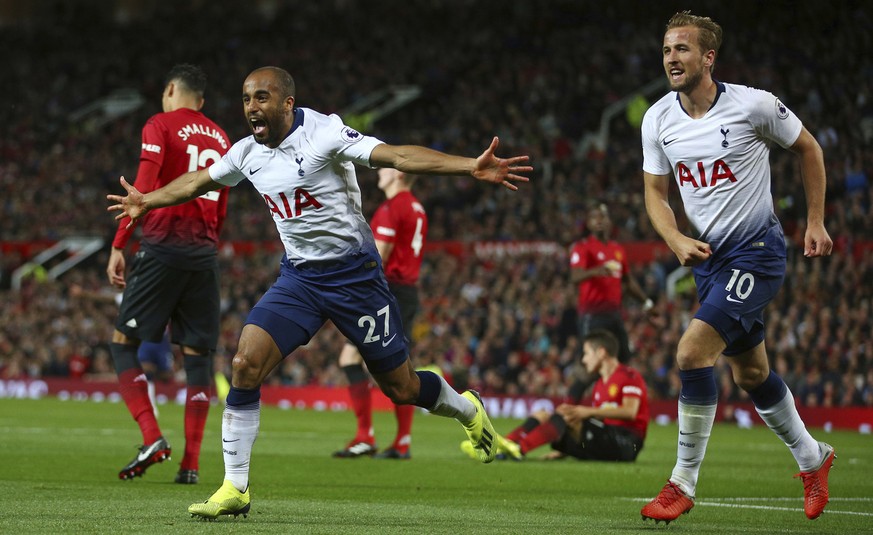 Tottenham Hotspur&#039;s Lucas Moura, left, celebrates with Harry Kane after scoring his side&#039;s second goal during the English Premier League soccer match between Manchester United and Tottenham  ...