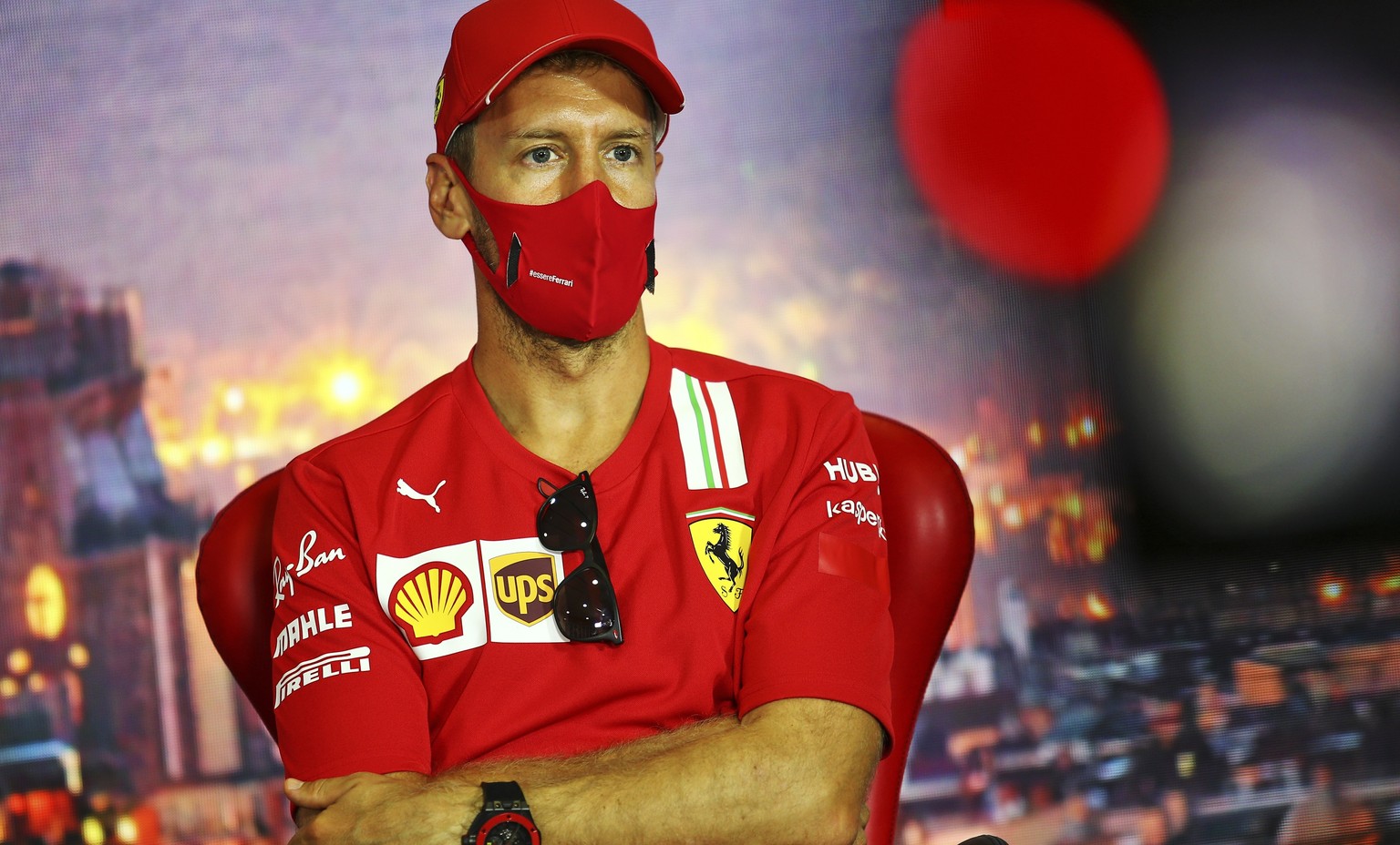 Ferrari driver Sebastian Vettel of Germany attends the FIA Press Conference before the Formula One Grand Prix at the Barcelona Catalunya racetrack in Montmelo, Spain, Thursday, Aug. 13, 2020. (Xpbimag ...