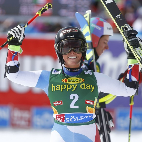 Alpine Skiing - FIS Alpine Skiing World Cup - Giant Slalom Women - Soelden, Austria - 22/10/16. Lara Gut of Switzerland celebrates winning first place. REUTERS/Dominic Ebenbichler