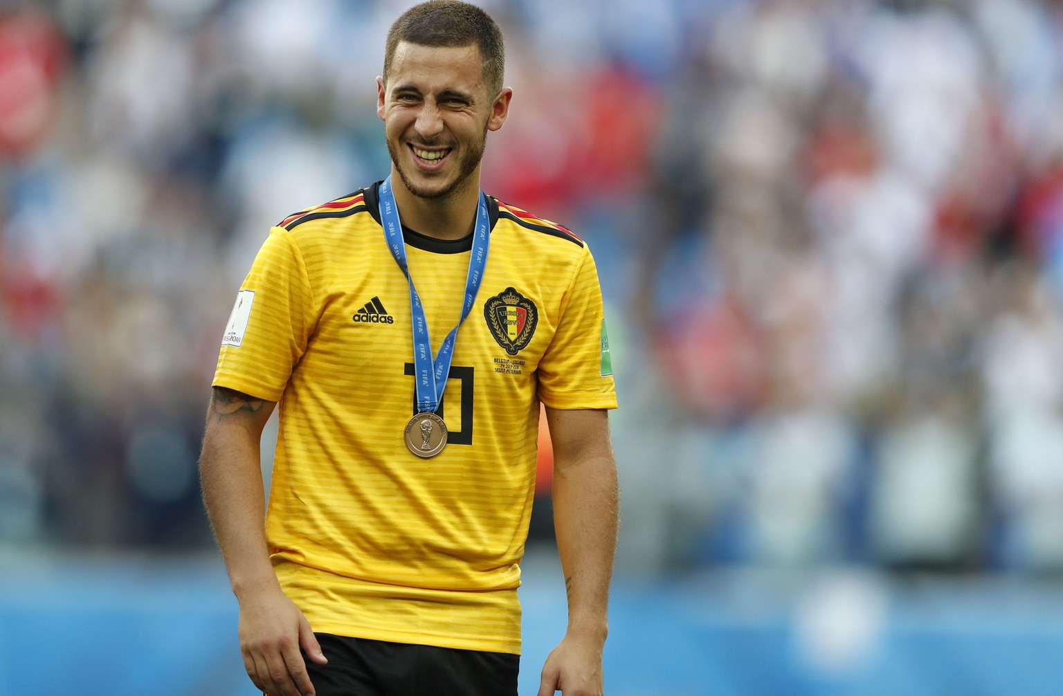 Belgium&#039;s Eden Hazard laughs after the third place match between England and Belgium at the 2018 soccer World Cup in the St. Petersburg Stadium in St. Petersburg, Russia, Saturday, July 14, 2018. ...