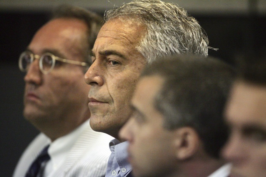 FILE- In this July 30, 2008, file photo, Jeffrey Epstein appears in court in West Palm Beach, Fla. Newly unsealed court documents provide a fresh glimpse into a fierce civil court fight between Epstei ...