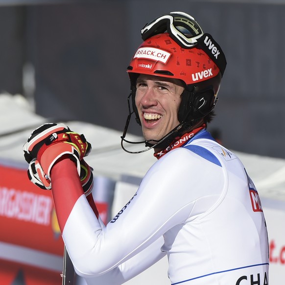 Switzerland&#039;s Ramon Zenhaeusern smiles after cutting the finish line of an alpine ski, men&#039;s World Cup slalom, in Chamonix, Sunday, Jan. 31, 2021. (AP Photo/Marco Tacca)