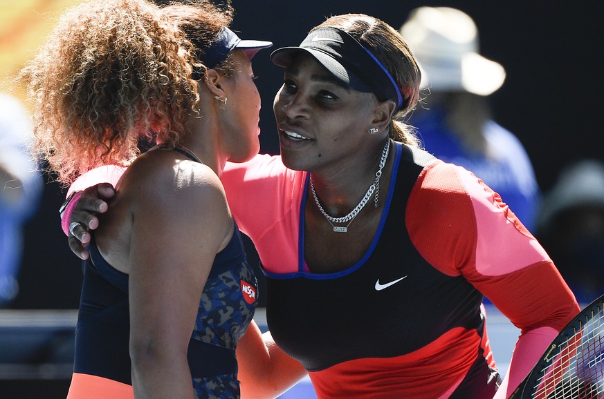 Japan&#039;s Naomi Osaka, left, is congratulated by United States&#039; Serena Williams after winning their semifinal match at the Australian Open tennis championship in Melbourne, Australia, Thursday ...