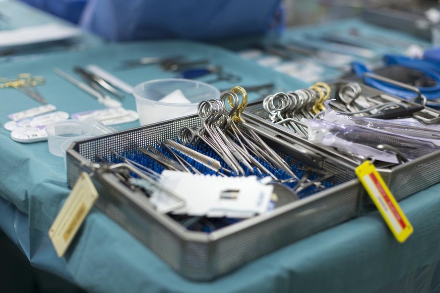 Surgical instruments pictured in an operating theater at the at the Lausanne University Hospital, Centre Hospitalier Universitaire Vaudois, CHUV, in Lausanne, Canton of Vaud, Switzerland, where cardia ...