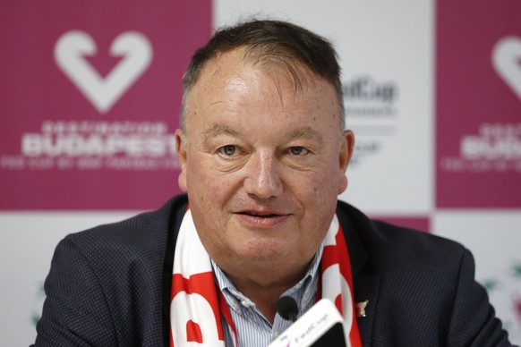 Rene Stammbach, President Swiss Tennis, speaks during a press conference after the Fed Cup qualifier between Switzerland and Canada in the Swiss Tennis Arena in Biel, Switzerland, February 8, 2020. (K ...